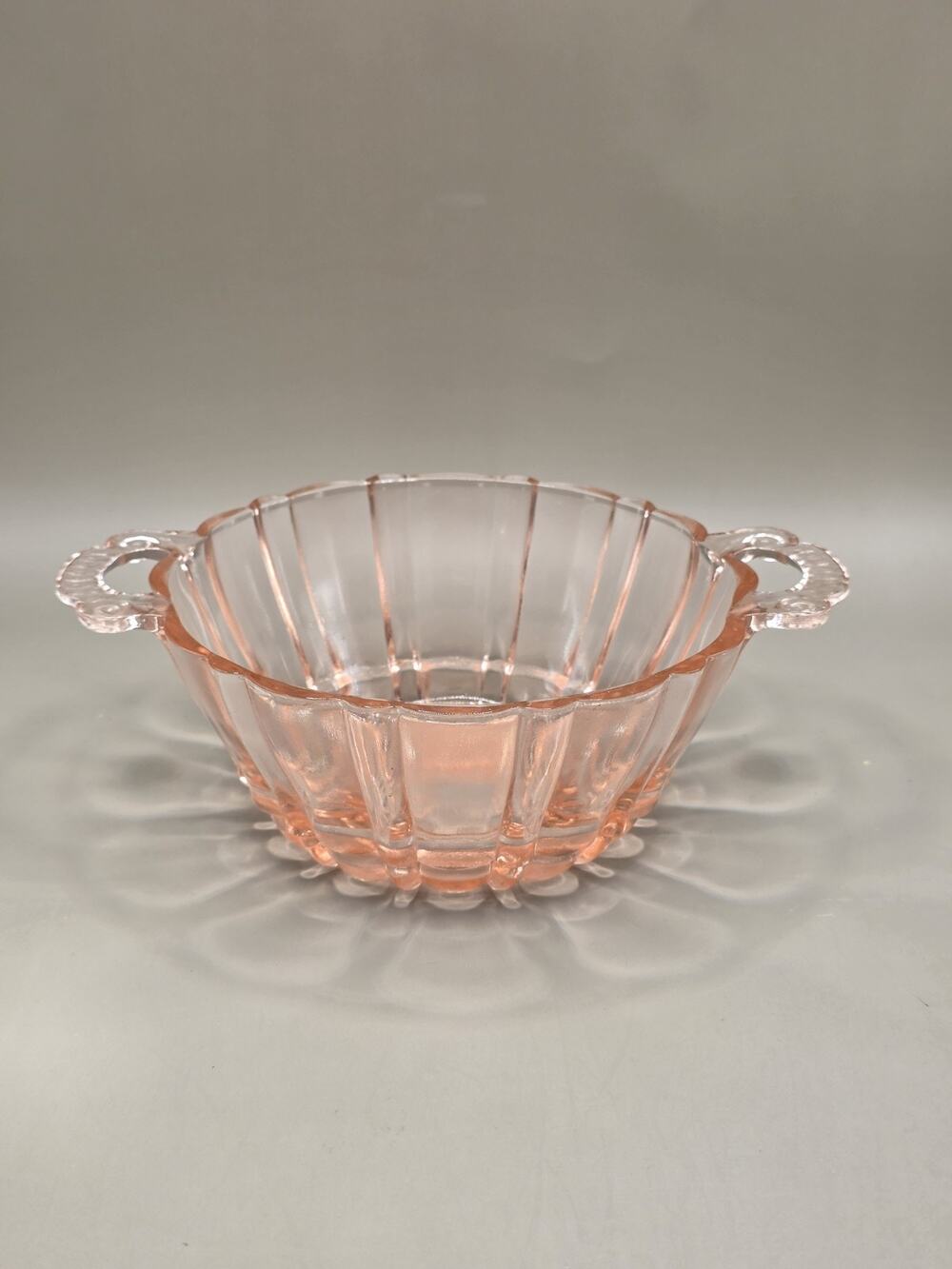 Vintage Anchor Hocking Old Cafe Pink Depression Glass Handled Bowl Candy Dish